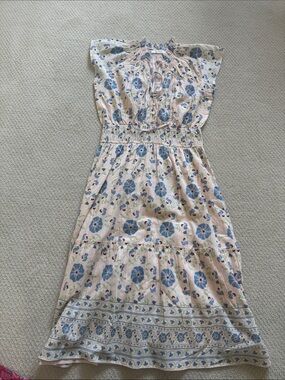 Cream Maxi Dress with Blue Floral Print and Smocked Waist